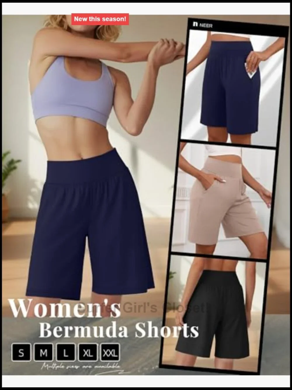 3 Pack High Waist Bermuda Shorts with Pockets Cotton Spandex Stretch Casual
